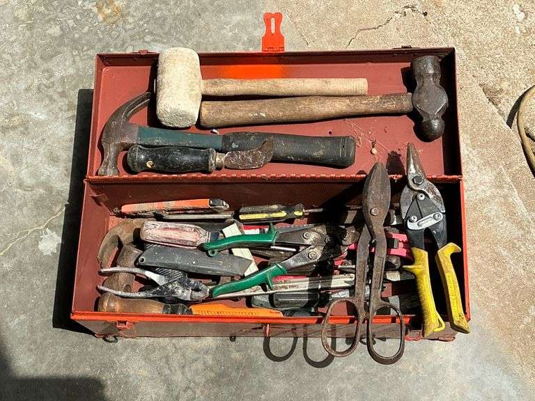 Metal tool box, hand tools, hammers, pliers, etc. image