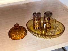 Amber glass pieces, salt cellars, pair of glasses