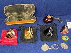 Antique wire rim glasses in case, 1968 teamsters button