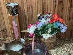Floral arrangement, coal scuttle, baskets