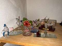 Blown glass pieces, ship in a bottle, porcelain flowers