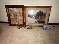 Framed deer prints, deer figurines