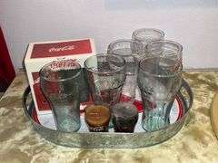 Metal Coca-Cola tray with glasses
