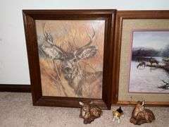 Framed deer prints, deer figurines
