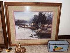 Framed deer prints, deer figurines