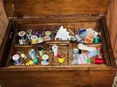 Handcrafted sewing box with lift out thread tray