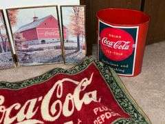 Coca-Cola trash can, framed print, throw rug