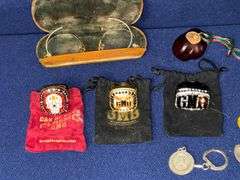 Antique wire rim glasses in case, 1968 teamsters button
