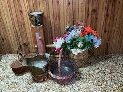 Floral arrangement, coal scuttle, baskets