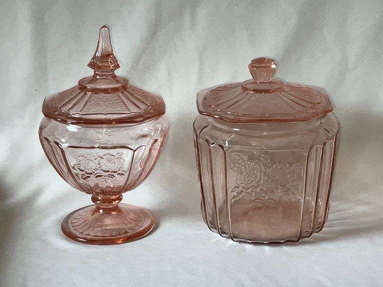 Pink Depression Glass biscuit jar, open rose pattern image