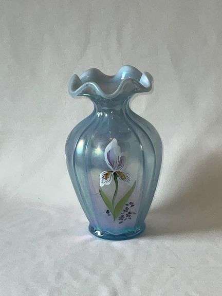 Fenton Iris vase, artist signed, Fenton sticker image