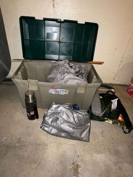 Camping tent in Rubbermaid tote, tarps, poles, thermos, Intex air pump, etc. image
