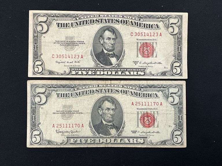 Pair of U.S. $5 notes red seals image