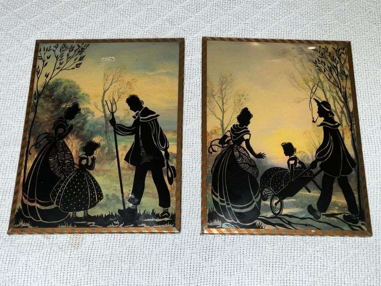 Pair of reverse painting on bubble glass in metal frames image