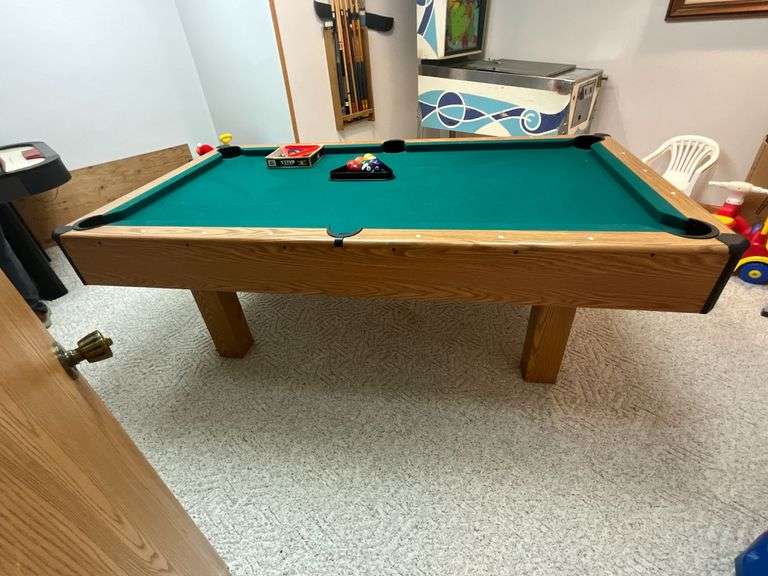 Harvard pool table, plywood top with cues, bag, some balls, accessories image