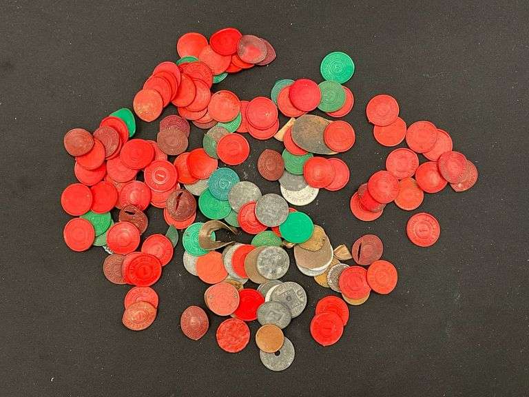 Missouri sales tax tokens plastic and metal, Washington, Oklahoma tax tokens image