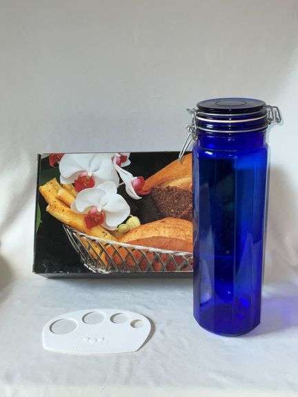 Studio Nova Silverado oval shaped bread basket, cobalt spaghetti canister image