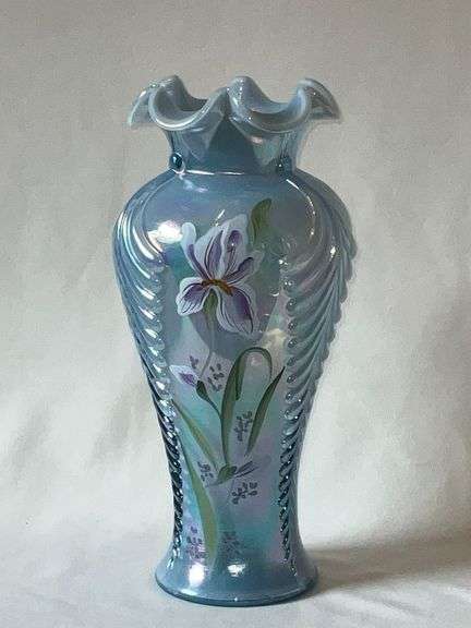 Fenton Opalescent hand painted iris vase, artist signed, Fenton sticker image