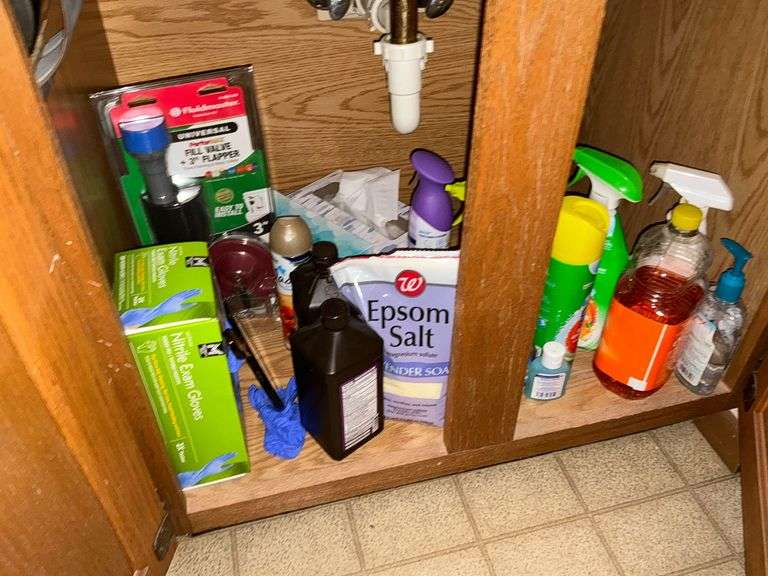 Under sink, cleaning supplies, Clorox, rubber gloves, Epsom salt, etc. image