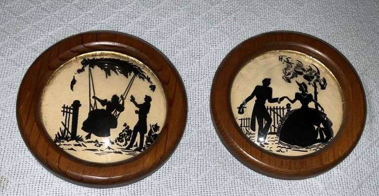 Pair of round reverse painting on bubble glass, wood frames image