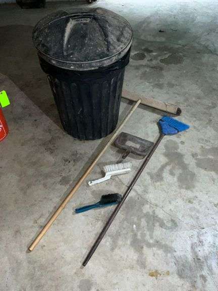Trash can, push broom, brushes, dust pan image