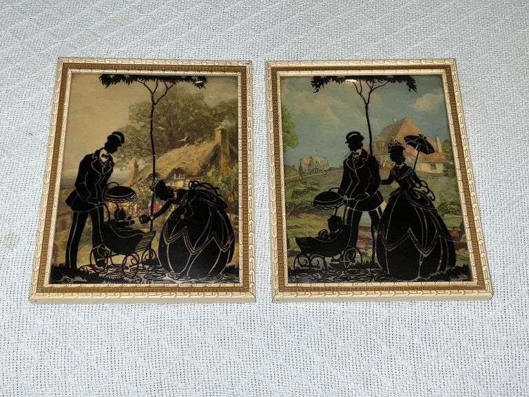 Pair of reverse painting on bubble glass in wooden frames image
