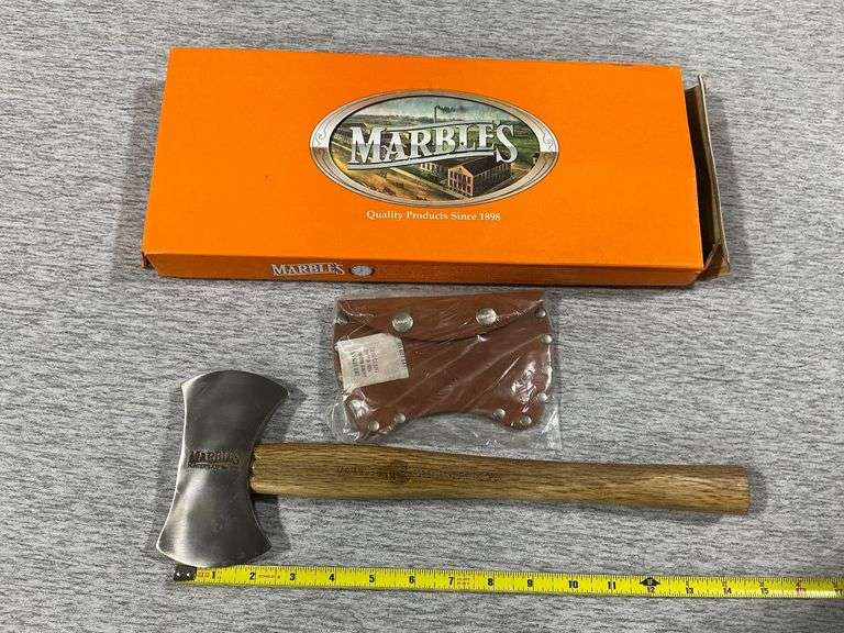 Marbles double bit hatchet, some rust on blade, with leather sheath, 14 1/2" total length image