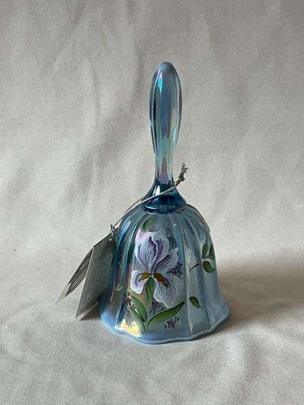 Fenton Opalescent hand painted iris bell, artist signed, sticker and tags image