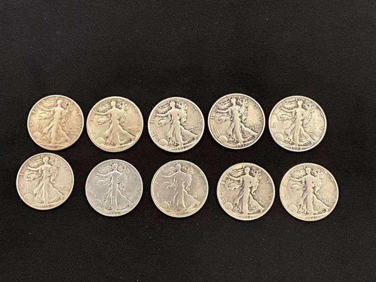 10 Walking Liberty silver half dollars image