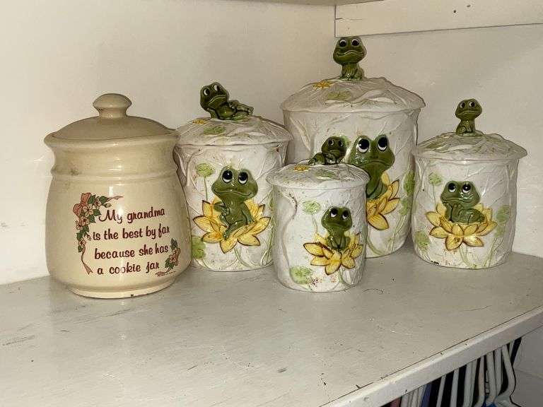 Set of 4 Sears Roebuck & Co. frog canisters, some with chips image