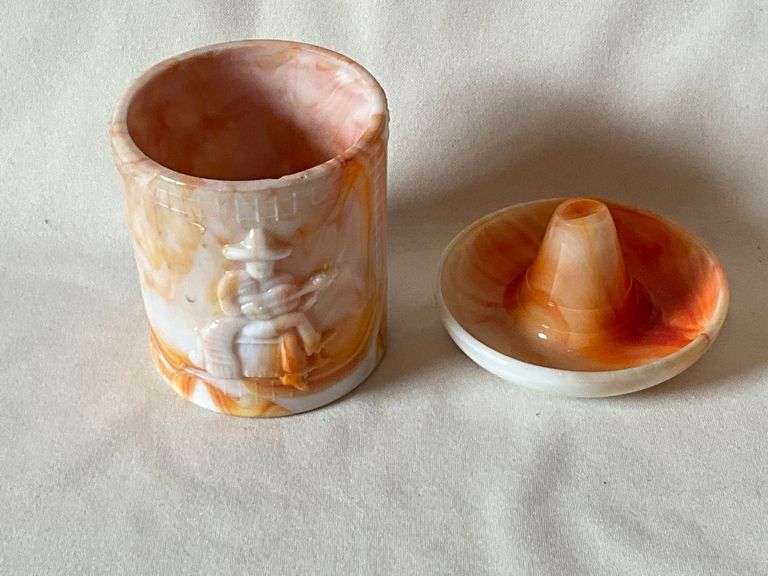 AKRO AGATE MEXICALI Cigarette Jar and Ashtray Lid Custard Slag Glass image