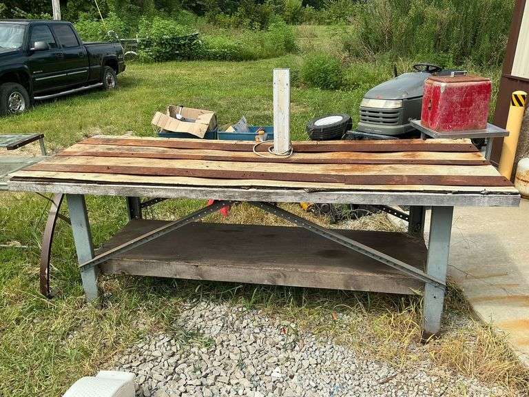 Butcher block top work table, steel legs image