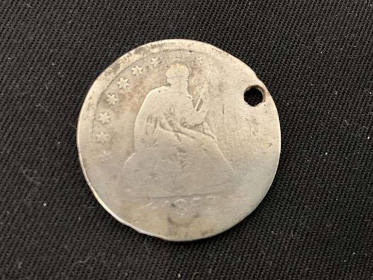 1853 Liberty seated quarter with rays, about good, has a hole image