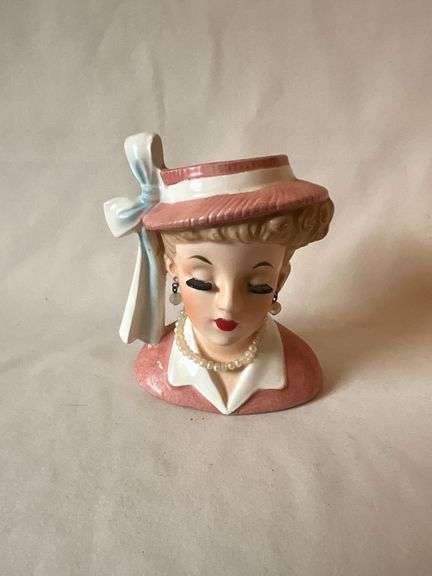Napco 1958 lady head vase, faux pearl necklace and earrings image