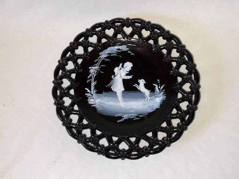 Mary Gregory style open lace plate, amethyst, slight scuff on paint image