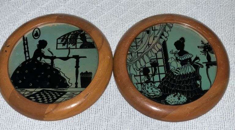 Set of 2 reverse painting on glass, wooden frames image