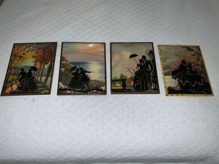 Set of 4 reverse painting on bubble glass art in metal frames image