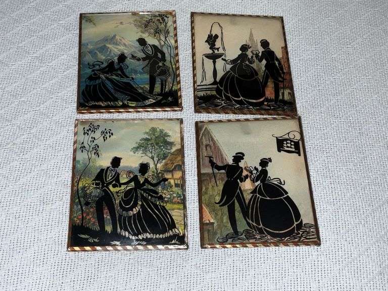 Set of 4 reverse painting on bubble glass, courting in the city and country, metal frames image