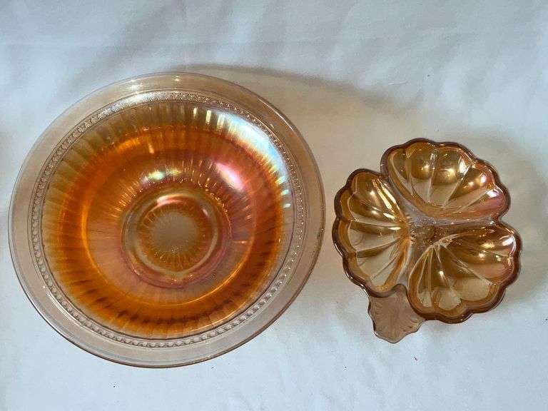Carnival Glass bowl and flower relish tray image