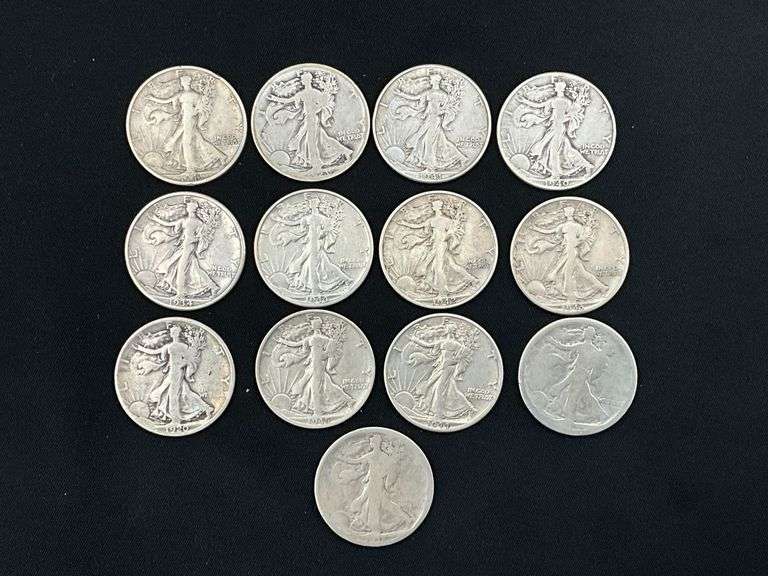 13 Walking Liberty silver half dollars image