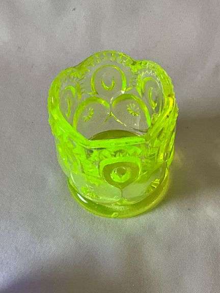 Yellow Vaseline glass Moon and Stars toothpick holder image