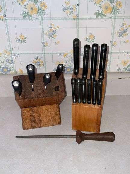Pair of knife blocks with knives and sharpening steel, Chicago Cutlery, Amway, etc. image