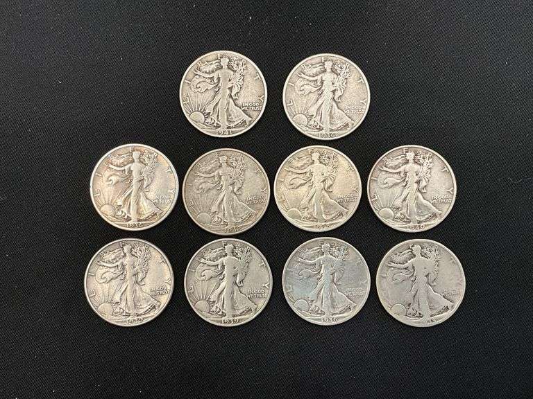 10 Walking Liberty silver half dollars image