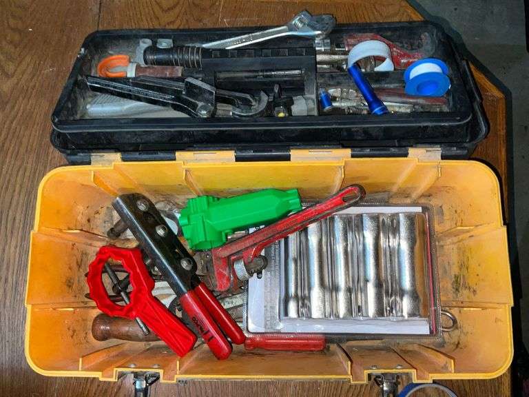 Plumber's tool kit, faucet sockets, pipe wrenches, crescent wrenches, plastic wrenches image