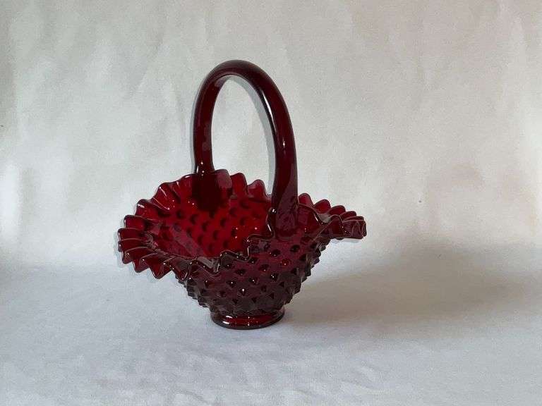 Fenton ruby red hobnail ruffle edged basket with sticker, applied handle image