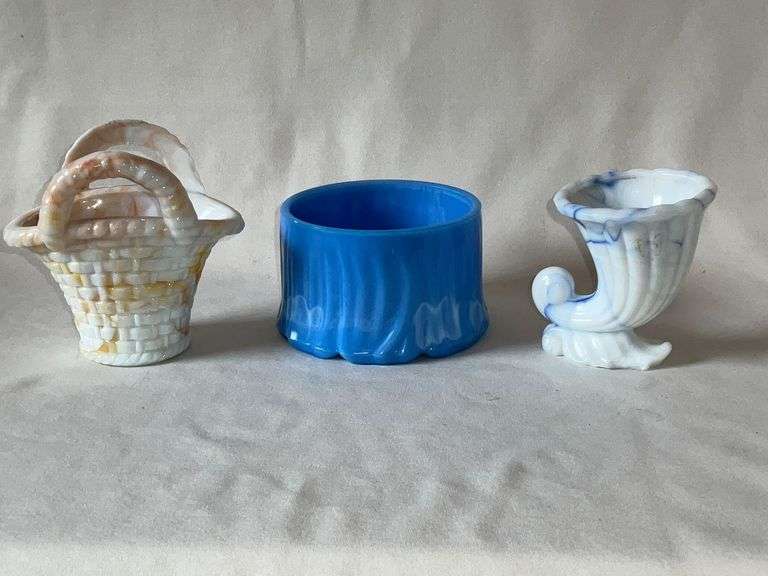Blue milk glass powder dish bottom, slag glass basket image