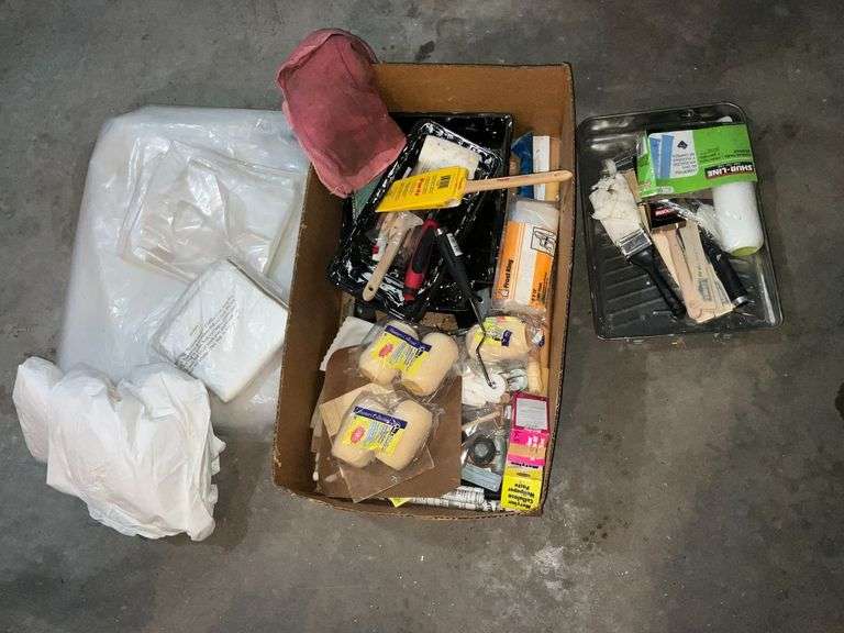 Paint supplies, plastic sheeting, rollers, rags, paint trays, etc. image