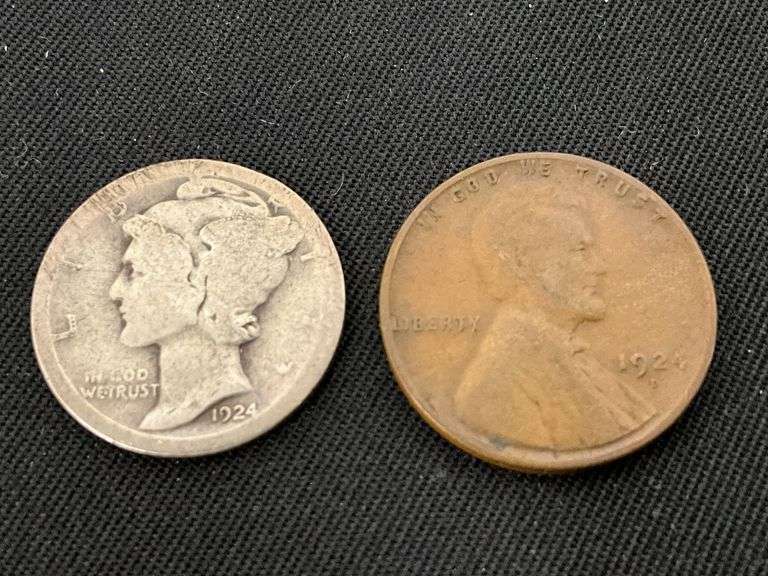 1924-D Wheat penny, very good with Mercury dime image