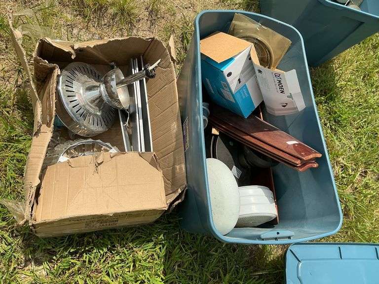 2 totes and box of ceiling fans, etc. image
