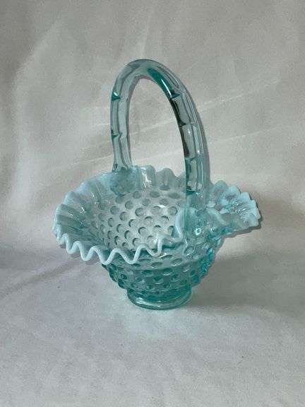 Fenton light blue opalescent hobnail ruffle edged basket with applied handle image